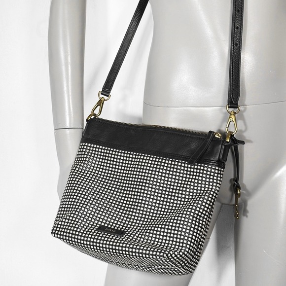 Fossil Woven Black/White Key Crossbody Purse Bag Minimalist Office Careerwear - Picture 2 of 12